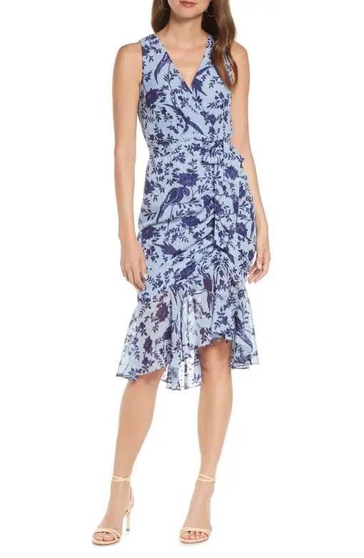 Women's Eliza J Floral Ruched Chiffon Faux Wrap Dress, Size 0 - Blue