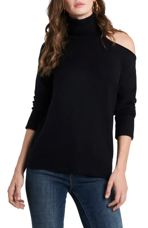 1.state Cold-Shoulder Cuffed Turtleneck Sweater - Rich Black S