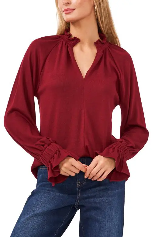 VINCE CAMUTO Women's Maroon Smocked Bell Cuffs Long Sleeve Split Sweater XL