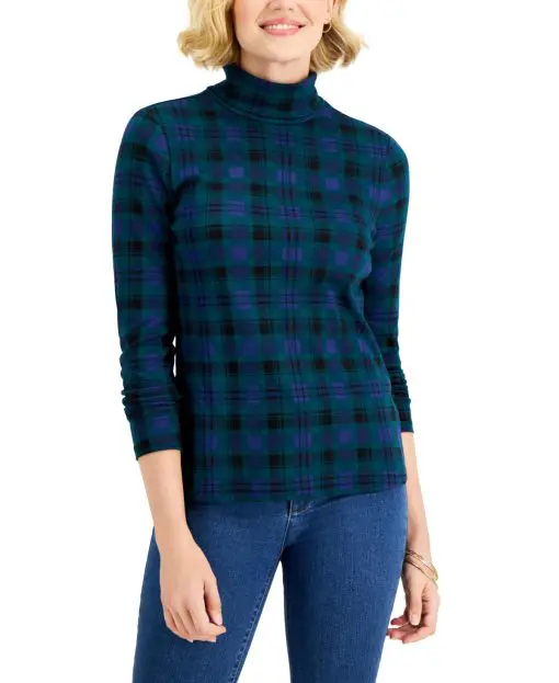 Charter Club Cotton Plaid Turtleneck Top  M