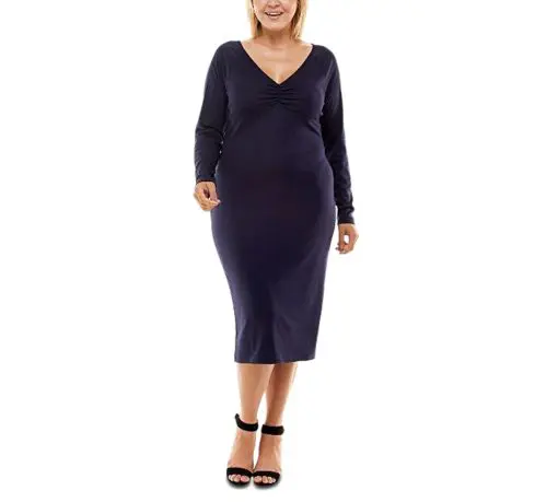 PLANET GOLD Womens Navy Stretch Ruched Long Sleeve V Neck Below the Knee Cocktail Sheath Dress Plus 3X