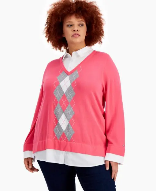 TOMMY HILFIGER Women's Pink Ribbed Partial Button-front Layered Long Sleeve Point Collar Sweater Plus 2X