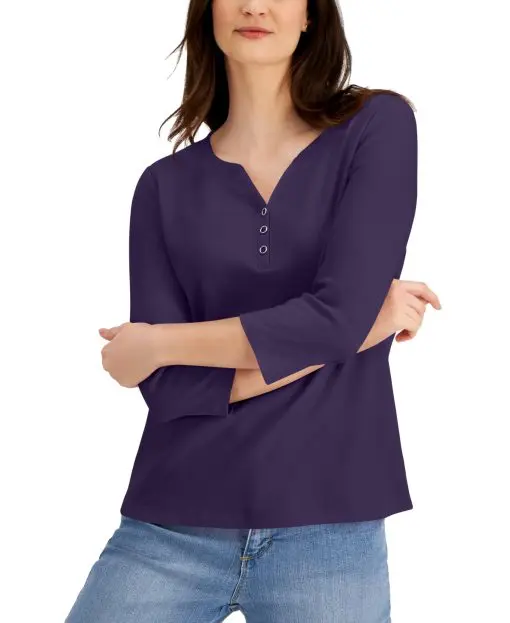 Karen Scott Plus Size 3/4-Sleeve Henley Top- Cassis 2X