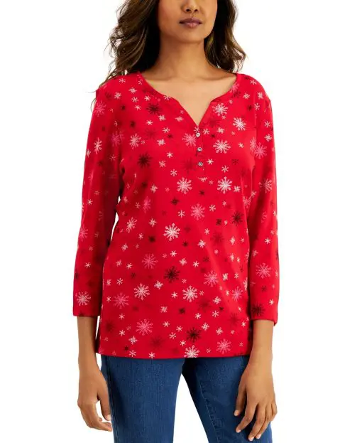 Karen Scott Petite Holiday Henley, - New Red Amore M