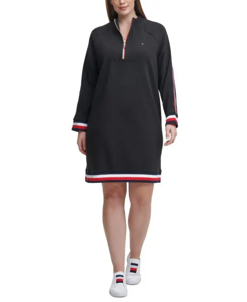 Tommy Hilfiger Women's Black Cotton Blend Zippered Funnel Neck Long Sleeve Above the Knee Sweatshirt Dress Plus 1X - All