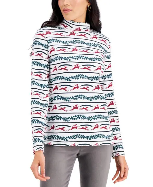 Karen Scott Reindeer-Print Mock-Neck Top, M