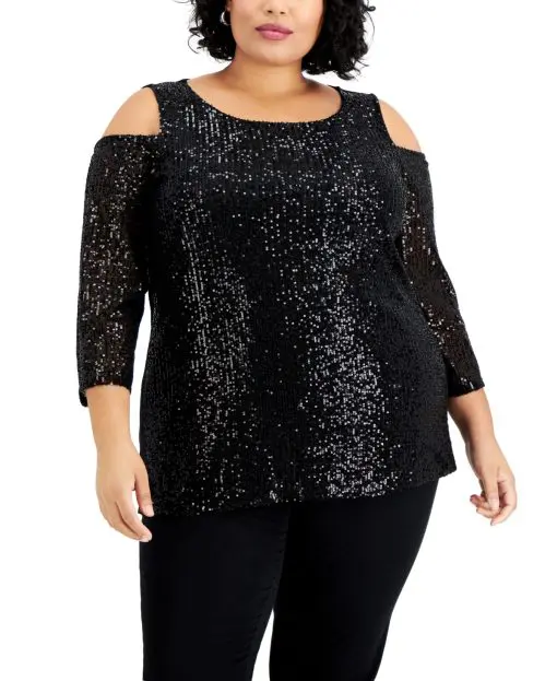 Jm Collection Plus Size Sequin Cold-Shoulder Top, - Deep Black 3X