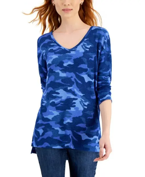 Style & Co Camo-Print Waffle Knit Tunic, M