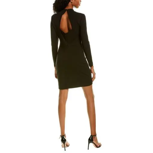 Sage Collective Crew Neck Long Sleeve Bodycon Cutout Zipper Back Solid Clipped Chiffon Dress-BLACK / 14