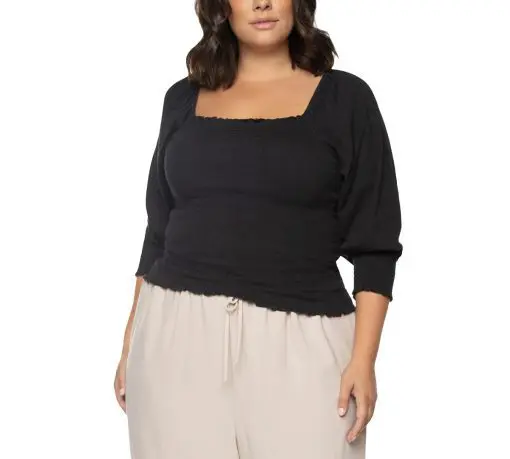 Black Tape Plus Size Smocked Blouson Top - Black 2X