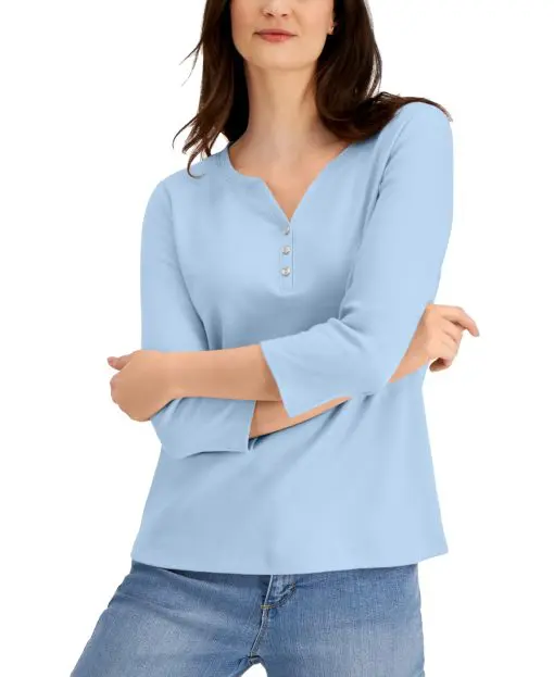 Karen Scott Petite Cotton 3/4-Sleeve Henley Top, XL