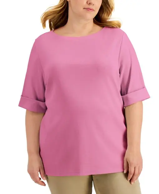 Karen Scott Plus Size Cotton Elbow-Sleeve Top,  2X