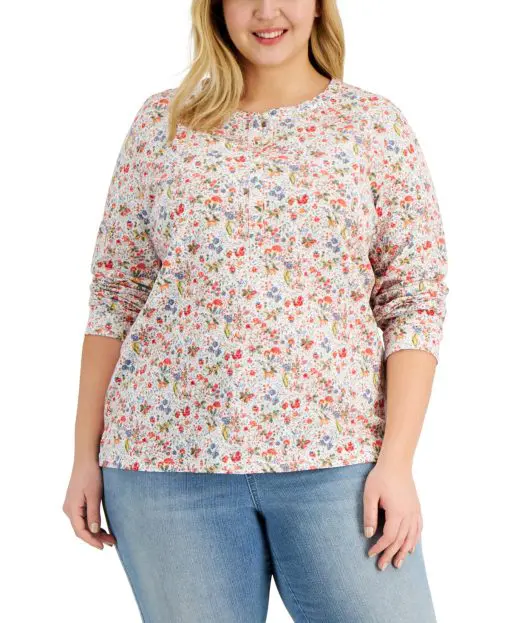 Style & Co Plus Size Knit Henley Top,  White Meadow 0X