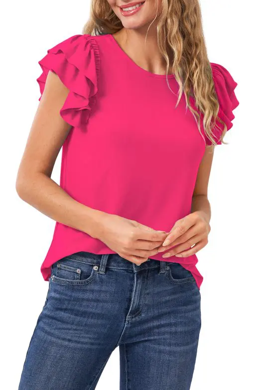 CeCe Women's Ruffled Flutter-Sleeve Short Sleeve Knit Top - Bright Rose L