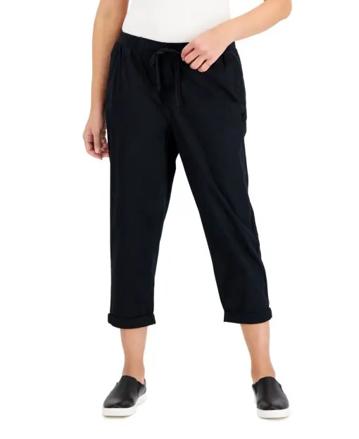 Style & Co Petite Pull-on Cuffed Twill Ankle Pants, - Deep Black PS