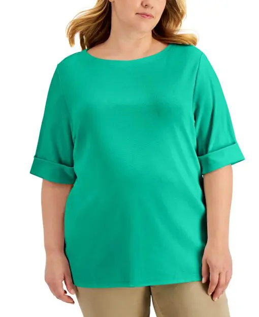 Karen Scott Plus Size Cotton Elbow-Sleeve Top,  Coastline Teal 1X