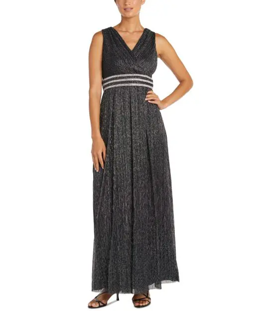 R & M Richards Crinkle Pleated Gown - Black/Silver 16