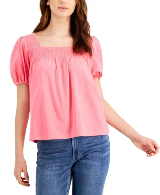 TOMMY HILFIGER Women's Pink Smocked Relaxed Fit Pouf Sleeve Square Neck Top XXL