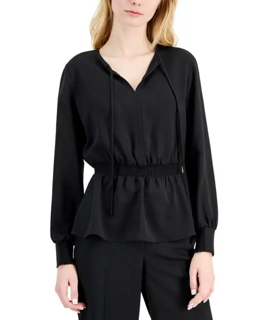 Alfani Women's Smocked Peplum Blouse Black Size Small