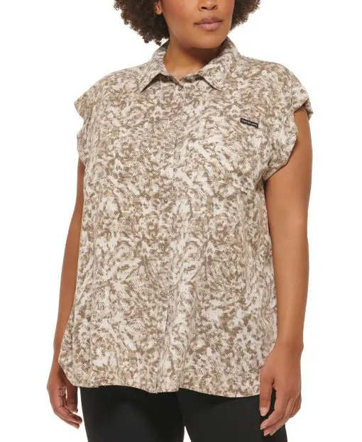 Calvin Klein Jeans Trendy Plus Size Printed Cuffed-Sleeve Top - Hazelwood Combo 3X