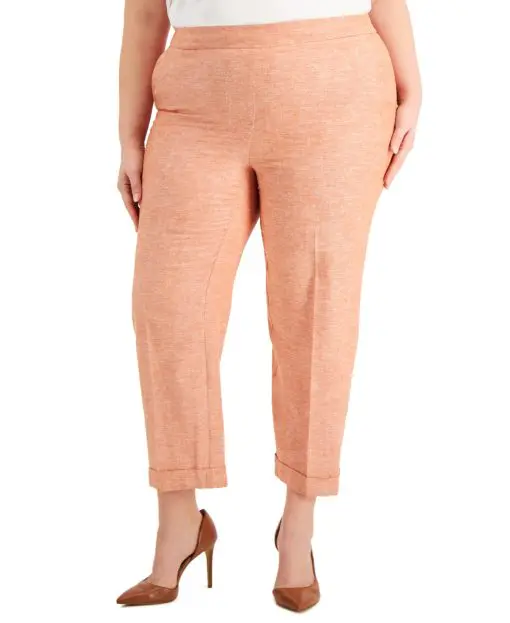 Kasper Plus Size Linen Pull-on Ankle Pants,- Papaya/white 2X