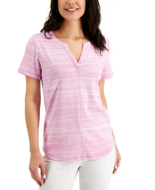 Karen Scott Split-Neck Space-Dyed Top,  L