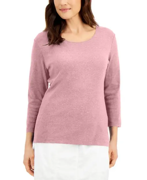 Karen Scott Petite 3/4 Sleeve Cotton Scoop-Neck Top,  Boca Blush P/XL