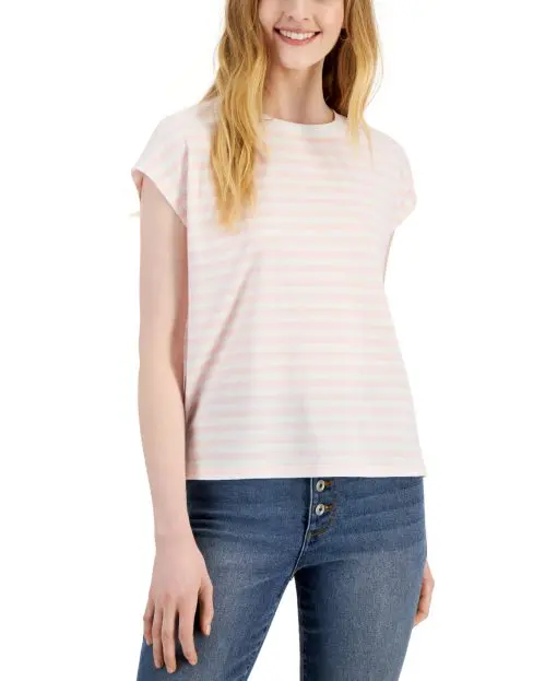 Style & Co Petite Striped Cap-Sleeve Cotton T-Shirt - Pink Stripe PXL