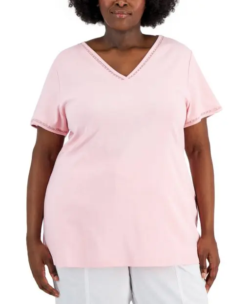 Karen Scott Plus Size Cotton Crochet-Trimmed Top - Boca Blush 2X