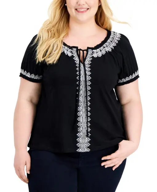 Style & Co Plus Size Tie-Neck Top - Deep Black 1X