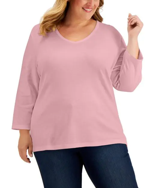 Karen Scott Plus Size 3/4-Sleeve V-Neck Top, - Boca Blush 0X