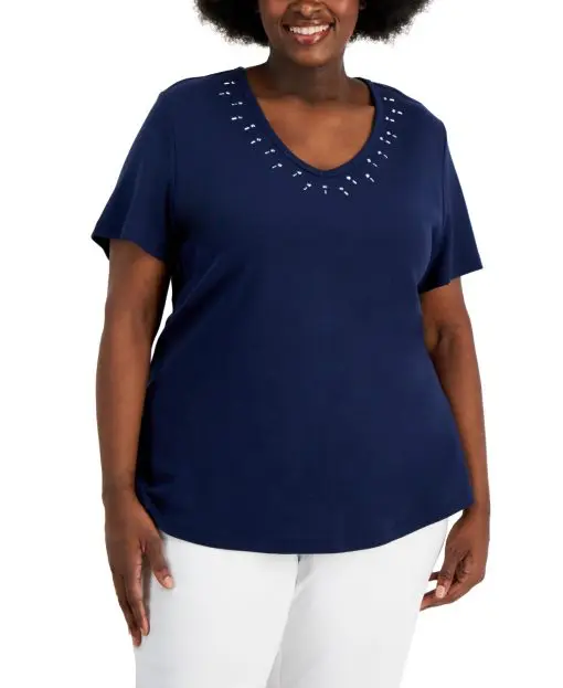 Karen Scott Plus Size Cotton Embellished V-Neck Top 2X