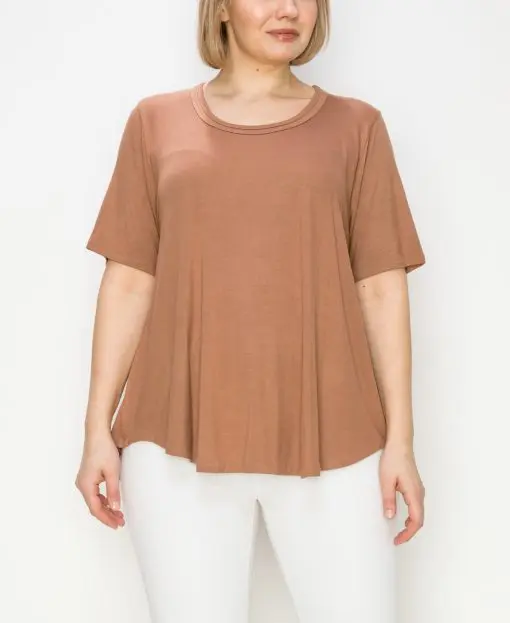 Coin 1804 Plus Size Double Binding Swing Short Sleeve T-Shirt - Latte 3X