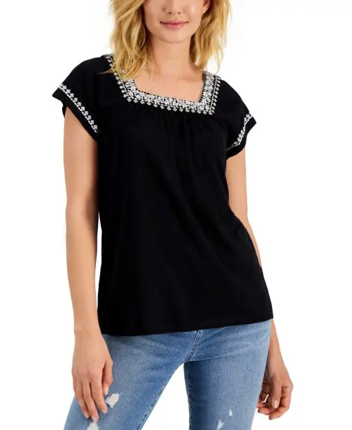 Style & Co Women's Embroidered Flutter-Sleeve Top XL