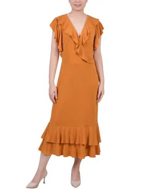 Ny Collection Petite Flutter Sleeve Ruffle MIDI Dress - Inca Gold-Tone PM