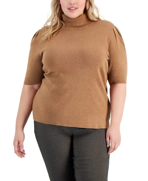 Alfani Plus Size Elbow-Sleeve Turtleneck Sweater, - Caramel Syrup 3X