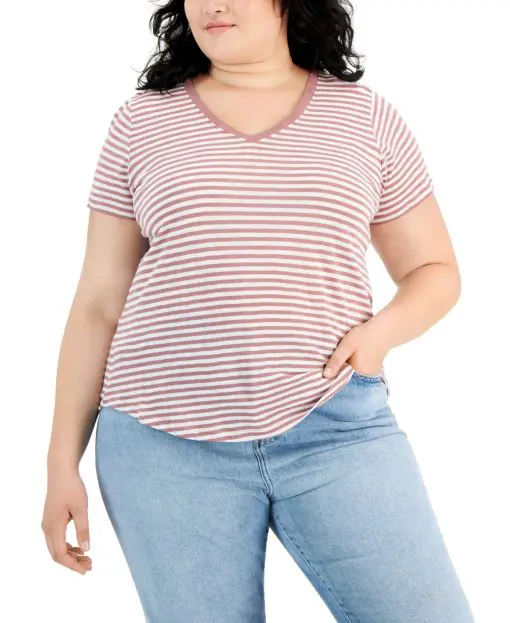 Style & Co Plus Size Classic Striped V-Neck T-Shirt - Rose 1X