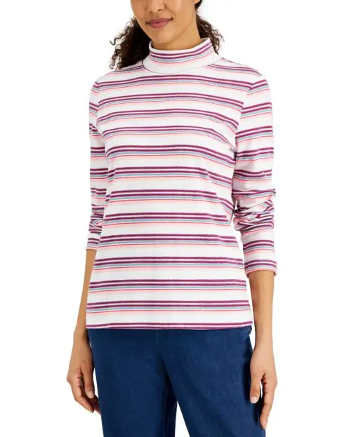 Karen Scott Women's Desert Stripe Mock-Neck Top, - Bright White L