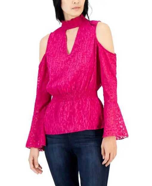 Willow Drive Women's Cold-Shoulder Smocked-Waist Top - Festival Fuschia XS