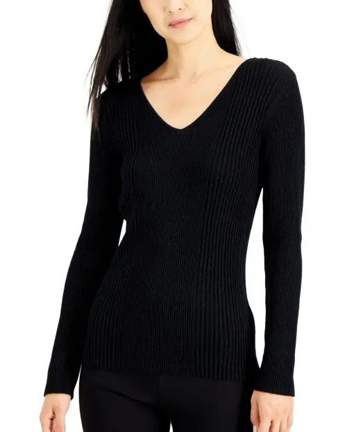 Alfani Women's Metallic Ribbed V-Neck Sweater - Deep Black L