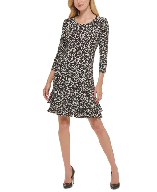 TOMMY HILFIGER Women's Black Printed 3/4 Sleeve Round Neck Above the Knee Wear to Work Shift Dress 12