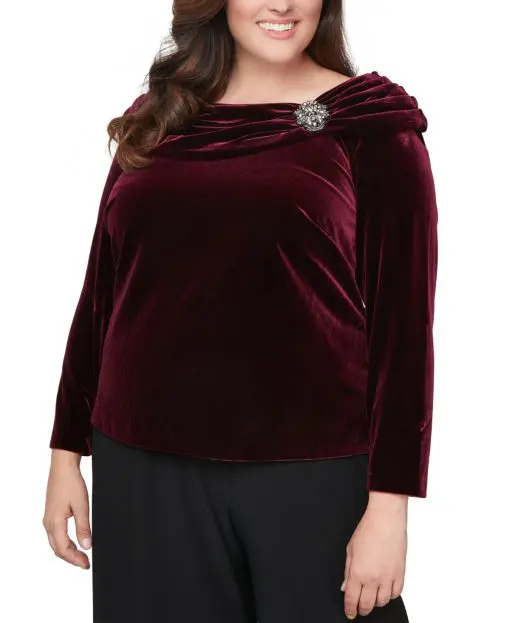 Alex Evenings Plus Women's Velvet Ruched Blouse 2X