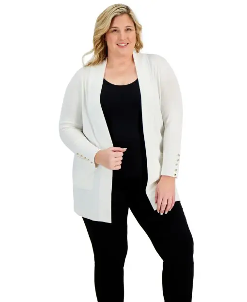 Jm Collection Plus Size Button-Sleeve Flyaway Cardigan Sweater, Created for Macy's - Neo Natural 2X