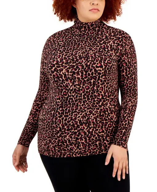 Anne Klein Women's Plus Seamless Animal Print Turtleneck Top 3X