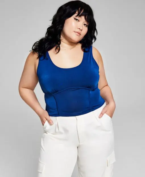 And Now This Trendy Plus Size Corset Tank Top - Navy Peony 4X