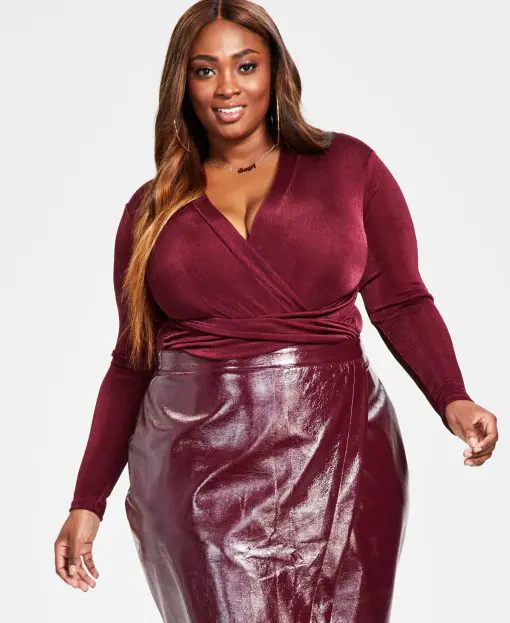 Nina Parker Trendy Plus Size Crossover Bodysuit - Burgundy 2X