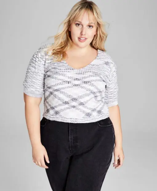 And Now This Trendy Plus Size Space-Dyed Puff-Sleeve Top - Black/white 1X