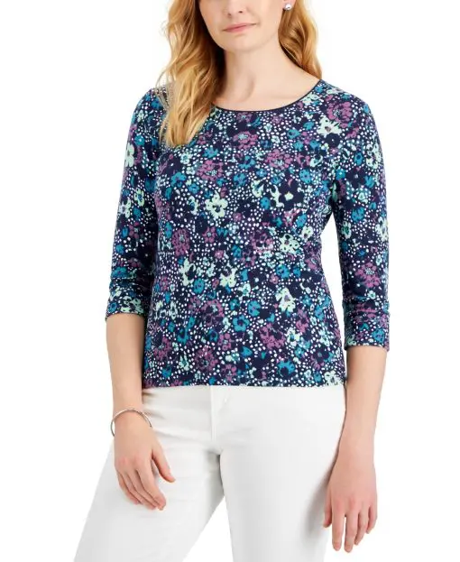 Karen Scott Petite Camo Fleur Top,  Intrepid Blue PS