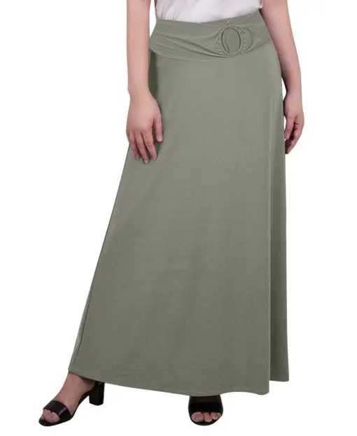 Ny Collection Petite Ring Faux Belt a Line Maxi Skirt - Oil Green PS