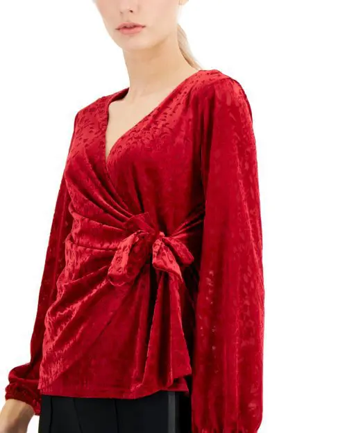 Alfani Petite Velvet Wrap Top, - Burnt Red M